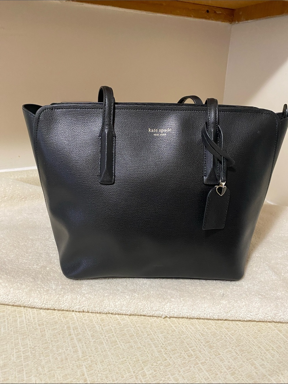 kate spade Black Textured Leather Tote with Heart Tag